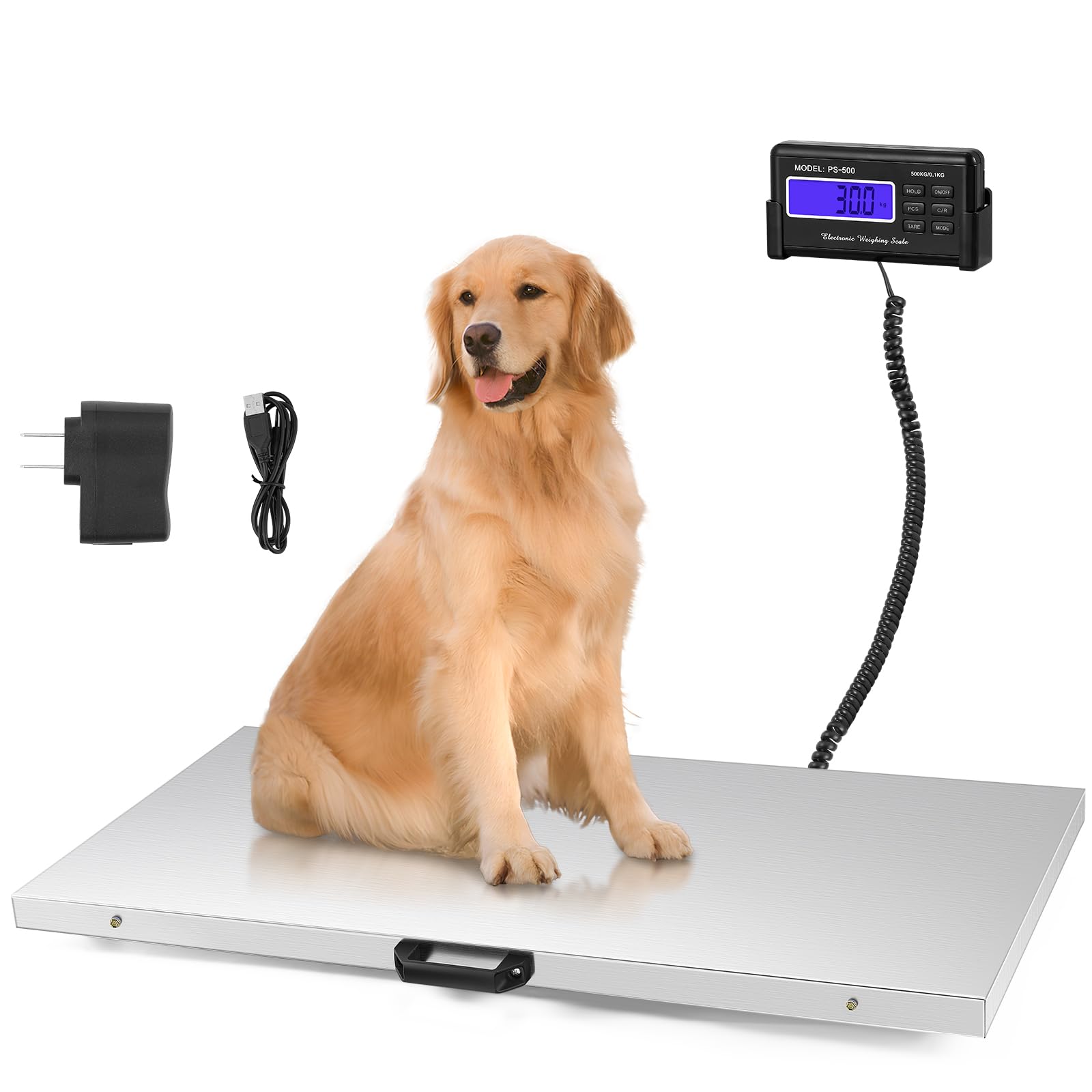 ペット体重計 大型犬 103x53cm乗る面 0.5~500kg測定 0.1kg単位 ステンレス金属製 隔測式 見やすい独立表示部 持ち手付き 移動便利 数値ホールド 風袋引き機能 ペットスケール 家畜用スケール 体|いろどりセレクト