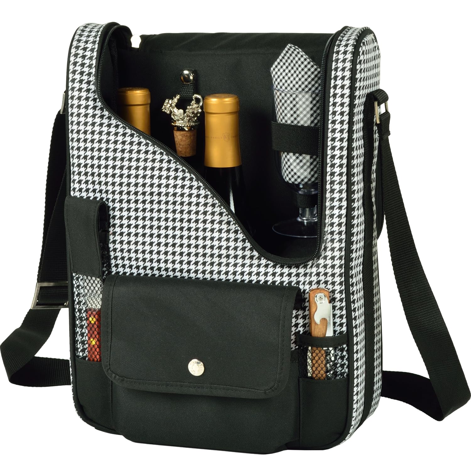 Wine and Cheese Cooler Bag Equipped for 2 with Glasses Napkins Cutting Board Corkscrew etc. Houndstooth｜いろどりセレクト