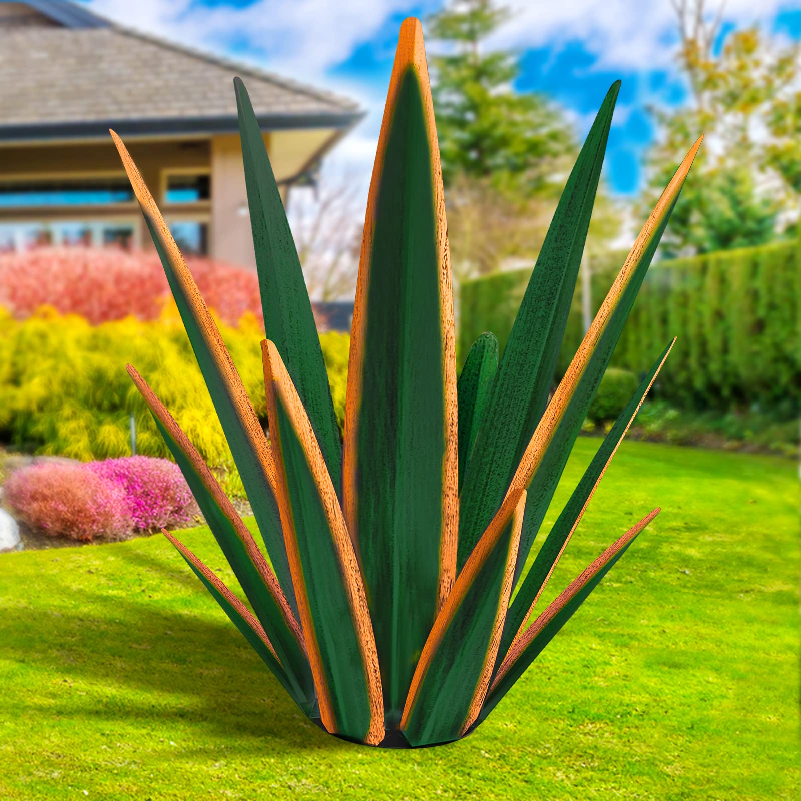 大型テキーラ風彫刻 素朴な金属植物 ホームデコレーション ハンドペイント リュウゼツラン 庭像 屋外芝生オーナメント ヤードステーク ダークグリーン L｜いろどりセレクト