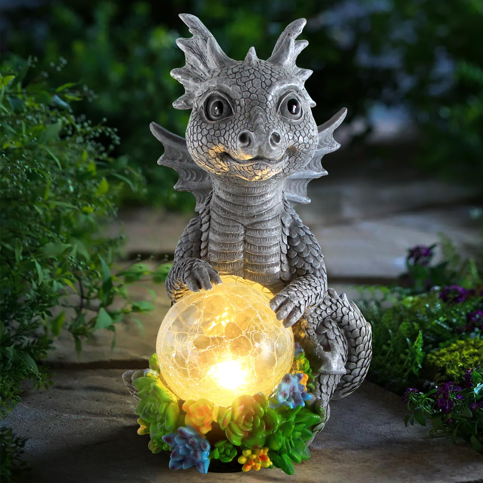 ソーラーガーデン 屋外像 ドラゴン マジックオーブ ソーラーLEDライト付き 芝生装飾 屋外像 パティオ バルコニー 庭のオーナメント ギフト|いろどりセレクト