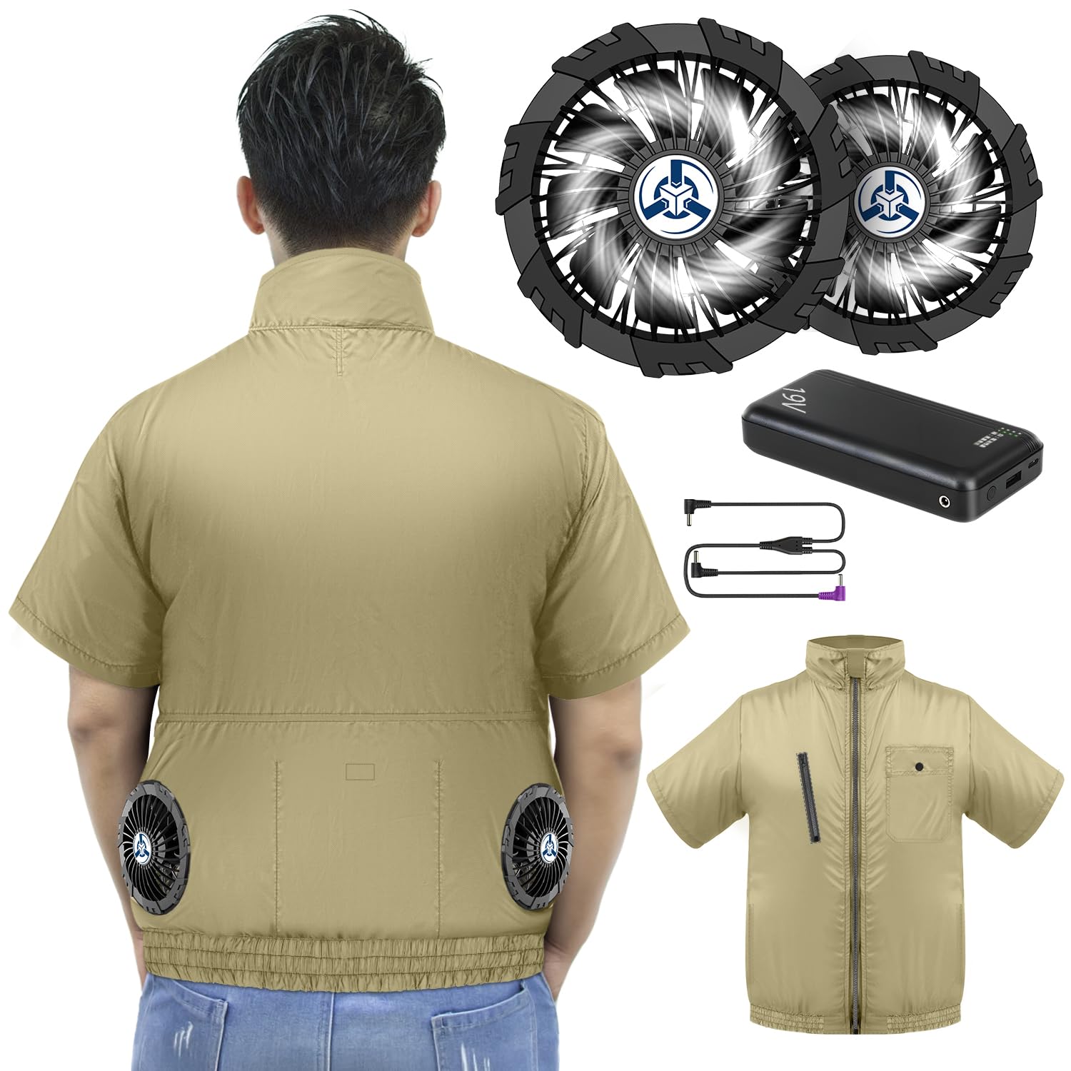 空調作業服 半袖 DC19V超高出力 ファン付き作業服 薄型 軽量 4段階風量調節 暴風モーター 強化9枚羽根 大容量バッテリー付き UVカット 男女兼用 熱中症対策 グッズ 工事現場適用｜いろどりセレクト