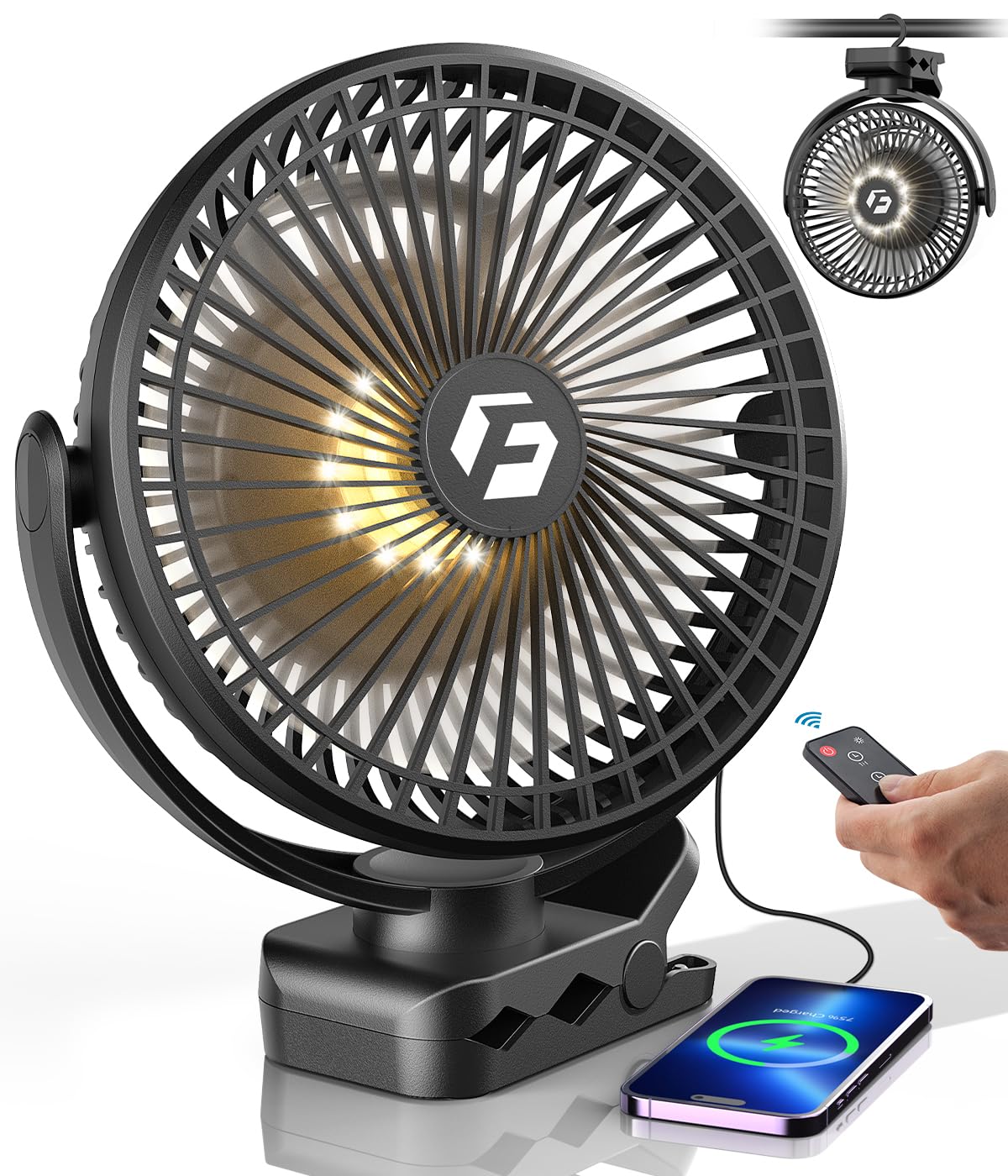 クリップファン 40000mAh 充電式 ポータブルファン 8インチ 卓上扇風機 LEDライト リモコン タイマー付き ゴルフカート キャンプ デスク用｜いろどりセレクト