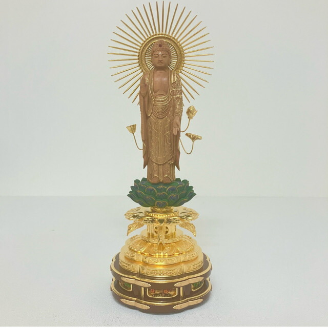 仏像 白檀 純金 箔押木瓜 丸台座 上彫 東立弥陀 金泥書 ４.５寸 真宗大谷派 東本願寺 東 阿弥陀如来 阿弥陀如来像 仏壇 本尊 仏様