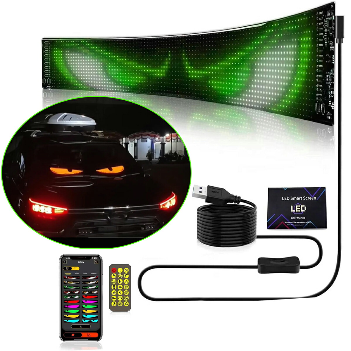 車用デビルアイライト led マトリックス 大型プログラム可能フレキシブルLEDディスプレイスクリーン 高輝度 高ピクセル アプリとリモコン付き USB プログラム可能 貼り付け スクロール DIY 薄型 車の窓 広告 音楽祭に最適 薄型 LEDスマート 自動車 トラック 窓用画像