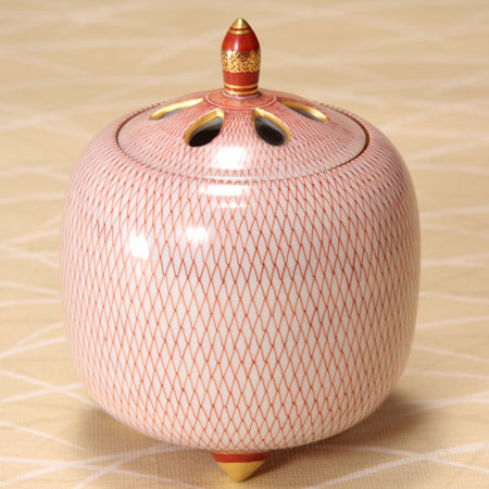 九谷焼 香炉 赤絵網目 赤絵士 米久和彦作 3.3号香炉 (径9×高さ10珊)  香器 仏具 瀬戸もの