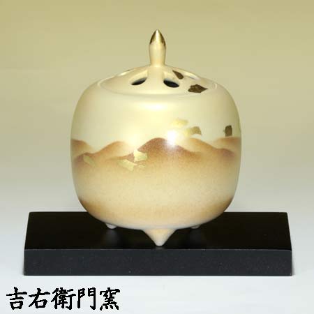 九谷焼 香炉 金彩静山 木台付3.8号 香器 仏具 瀬戸もの