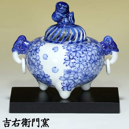 九谷焼 香炉 染付花詰 木台付4.2号 香器 仏具 瀬戸もの