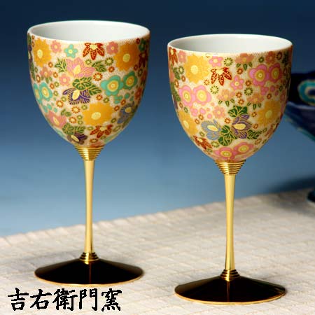九谷焼 ペアワインカップ 御膳上等花詰緑であること・さくら色 九谷焼 ブドウ酒水飲み ワイングラス-キッチン用品・食器・調理器具