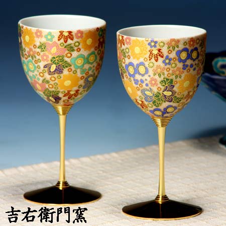 九谷焼 ペアワインカップ 極上花詰グリーン・ブルー 九谷焼 ワイングラス｜九谷焼 窯元 吉右衛門窯