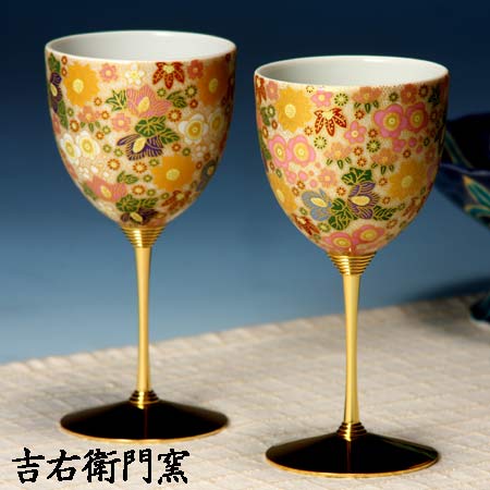 九谷焼 ペアワインカップ 御膳上等花詰白いこと・さくら色 九谷焼 ブドウ酒水飲み ワイングラス-キッチン用品・食器・調理器具-グラス・タンブラー