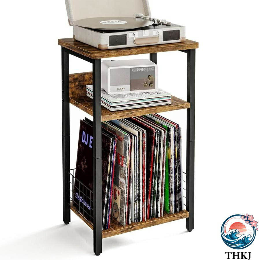 【全品2点で5%OFF】レコードプレーヤースタンド レコードラック レコードプレーヤーテーブル 3段レコード収納ラック 最大100枚のアルバムを収納可能 リビングルーム、寝室、オフィ