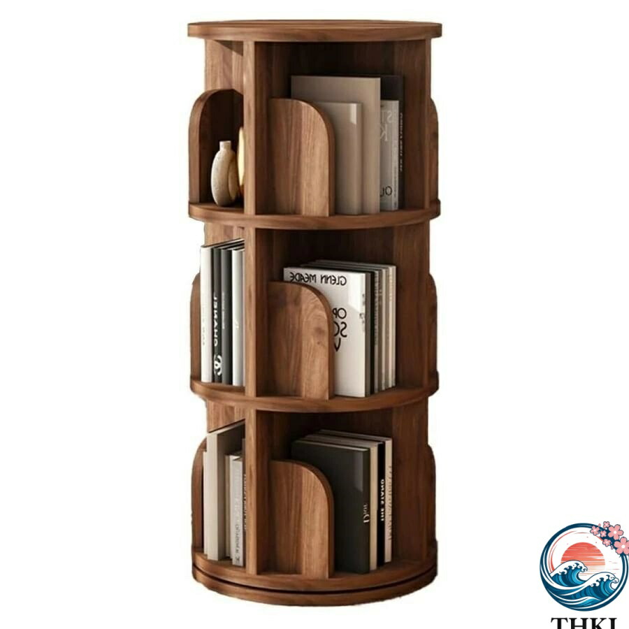 【全品2点で5%OFF】本棚 回転式本棚 360° 3段 回転ラック 無垢材シェルフ CDラック 絵本棚 リビングルーム マルチレベル収納棚 ウォールナット 絵本棚 漫画 収納 大容量 スリム マ