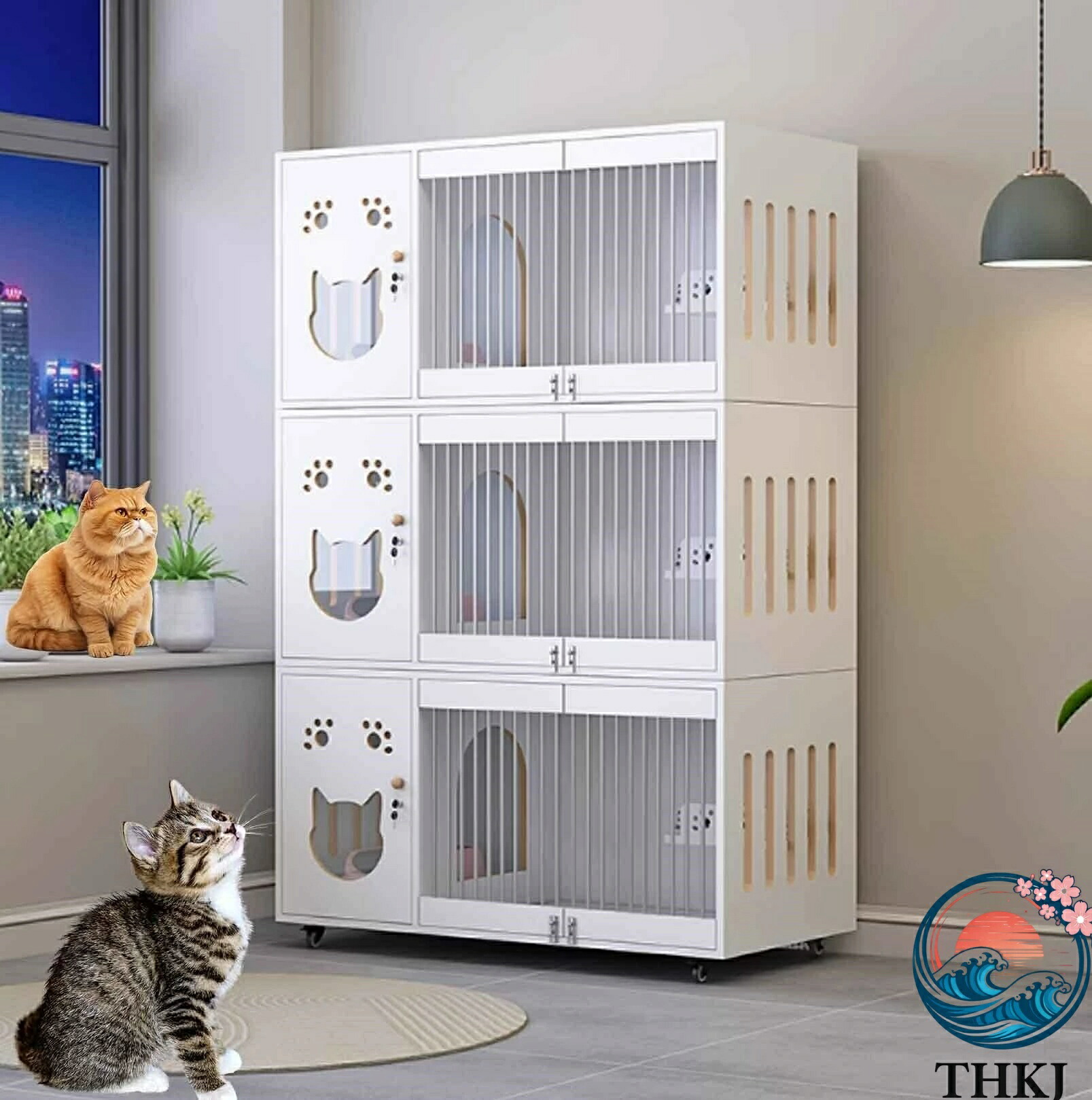 【全品5%尖んがり】木製 キャスター付き添い人 キャットケージ 猫用伏せ篭 逃げ失せる押しとどめる 大きめ室内用 子ネコ用 横扉 多頭飼い 精神的な統合飾り気のない 猫繁殖伏せ篭