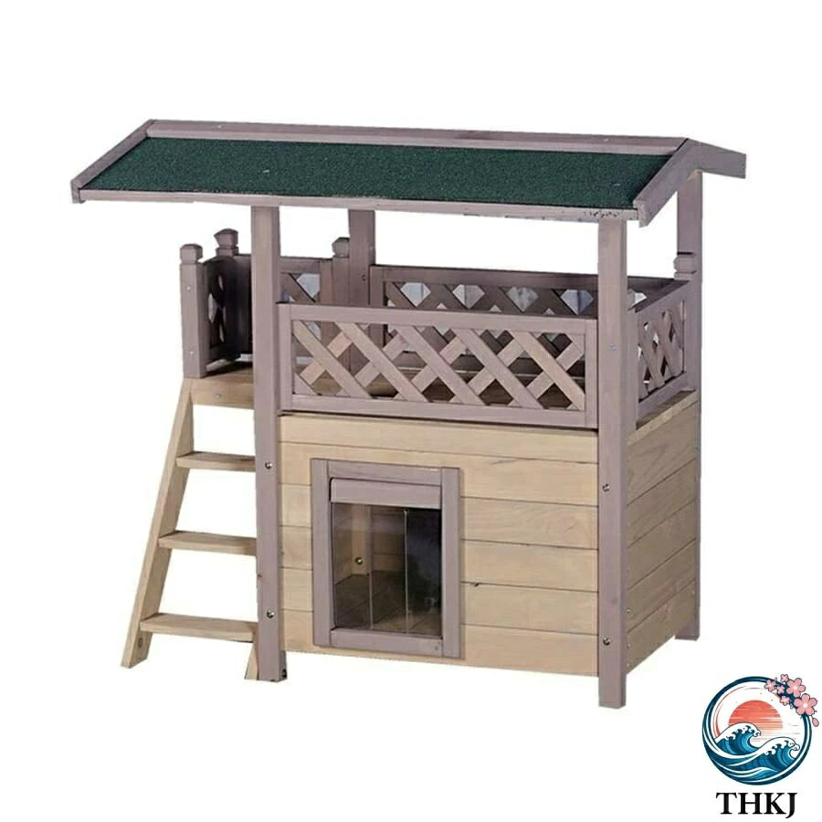 【全品5%尖んがり】木製キャットハウス露天雨合羽愛玩動物棲み家 2 階建てキャットハウスキャットヴィラ上がり段付き添い人ハウスキャットハウスドアフラップ付き添い人