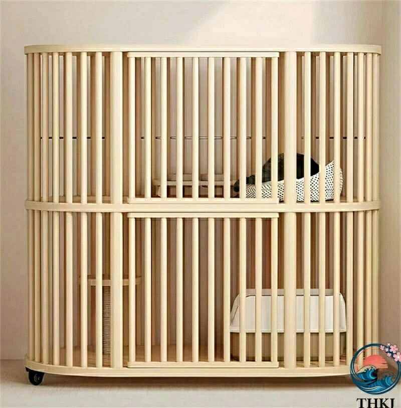 【全品5%尖んがり】猫 伏せ籠 キャットケージ 木製 キャスター付き添い人 広々 大型 四方に風通し 気取らない 生態学 杉生まれながら木 猫 調度品