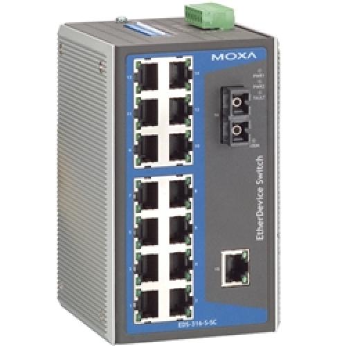 MOXA EDS-316-S-SC-T アンマネージドスイッチ、15xRJ45 1xシングルSC、Tひな形