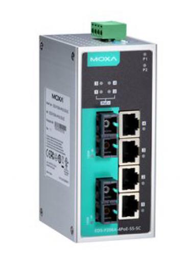 MOXA EDS-P206A-4PoE-SS-SC アンマネージドスイッチ、2xシングルSC 4xPoE界面