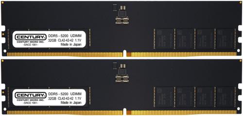 センチュリーマイクロ CB32GX2-D5U5200 デスクトップ用 PC5-41600/DDR5-5200 288pin Unbuffered_Non-ECC_DIMM 2Rank 1.1v 64GB kit（32GB×2枚） 日本製