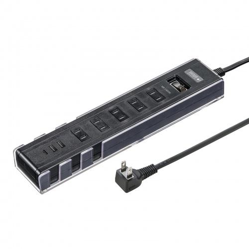 サンワサプライ TAP-B47UC-3BK USB充電機能付きタップ スタンド付き（2P・5個口・3m・ブラック）