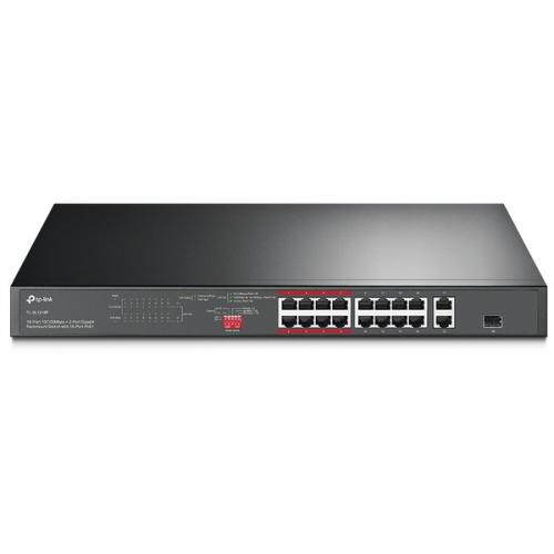 TP-LINK TL-SL1218P(UN) 16界面10/100Mbps＋2ポートギガビット ラックマウントスイッチ（PoE+16界面積み上げる）