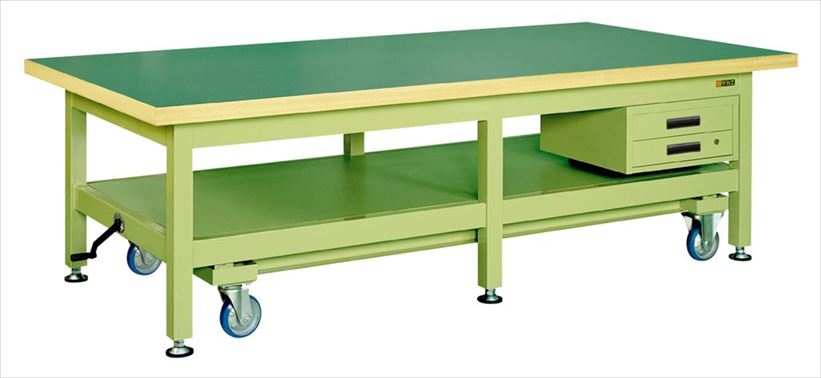 【法人様宛限定】サカエ KWCF-2412B 超重量作業台ＫＷＣタイプ（ハンドル昇降移動・キャビネット付）