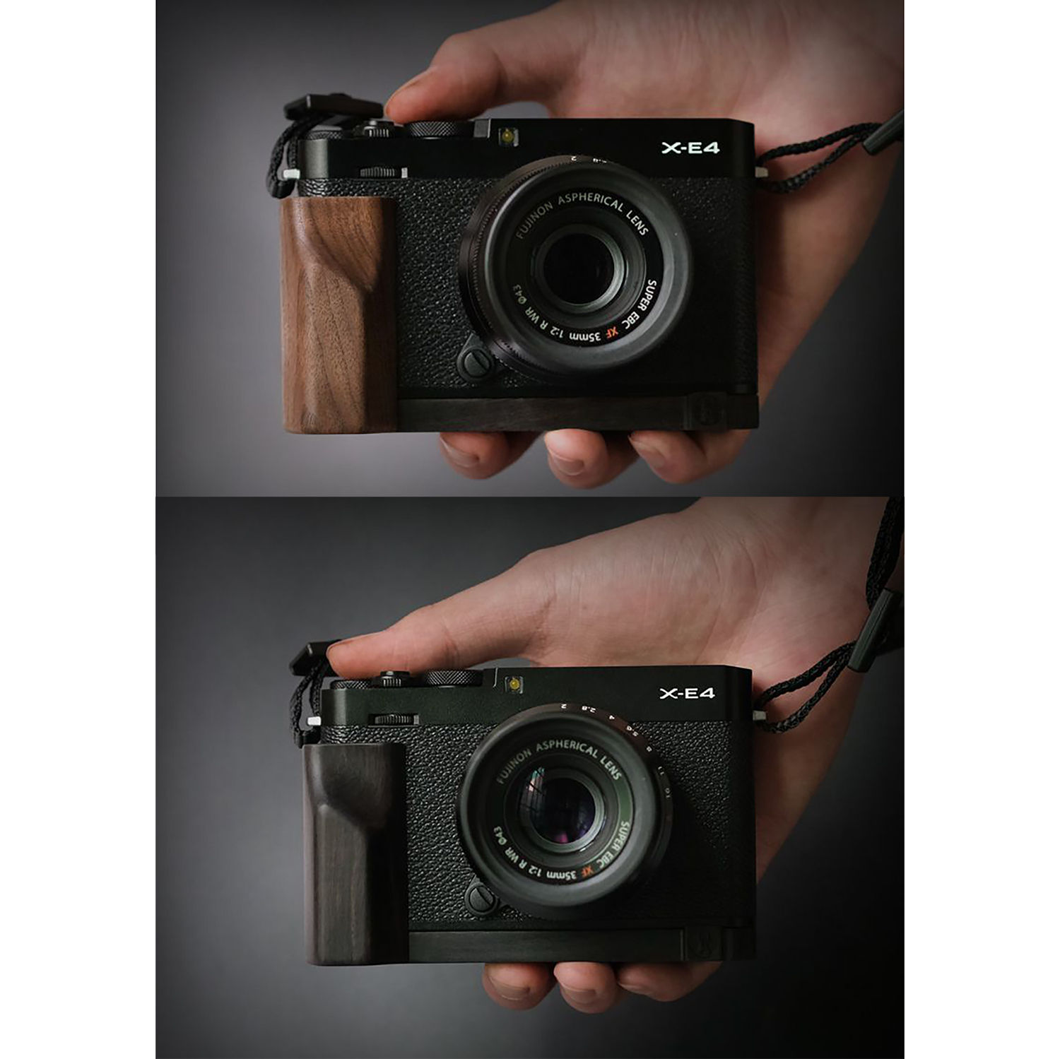 FUJIFILM XE4 X-E4  専用 ハンドグリップメタル 檀材木 お手てお手伝いさん 上半身容れもの 用のハンドグリップです 御前上等手作り木質 取り替えっこ 独居室取り替えっこ助けになる 根もと開閉