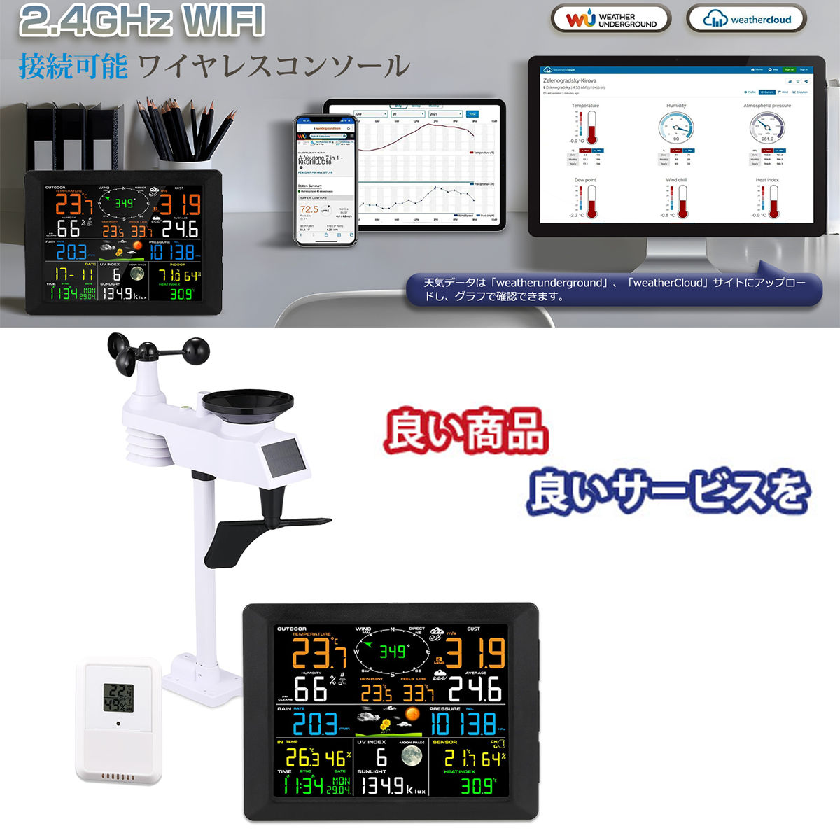 ウェザーステーション 気象状況観察器 気象状況計 ソーラーダイアログボックス付 資料瓦書きあらわす 風速計/風向計/体温/湿度/雨量計/空圧計/UV/照明 室外気象状況位置づけるに お百姓さん/修める者用気象状況観察とり備える