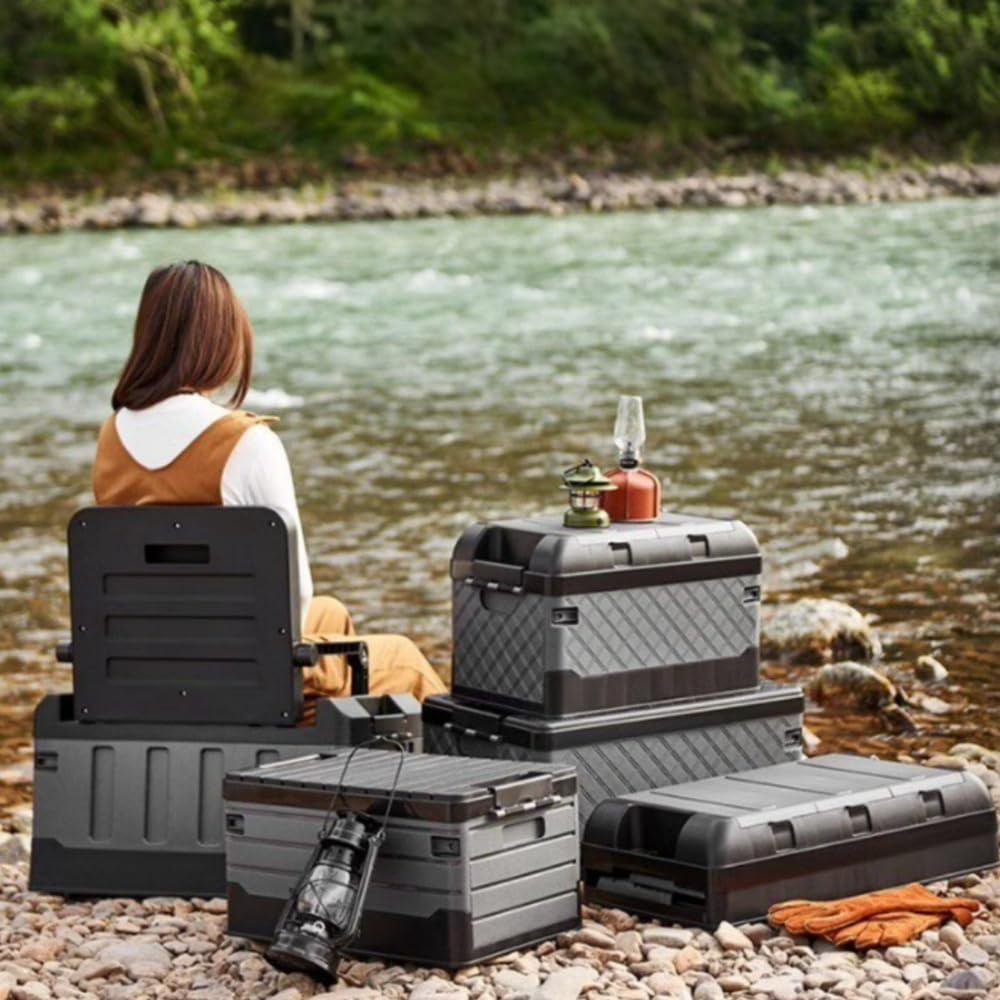 収納ボックス コンテナチェア 60L 屋外用 防水 椅子にもなるボックス 折りたたみ式 ふた付き 車載収納 大容量 キャンプ・アウトドアに最適 オリコンタイプ|イーサン恵
