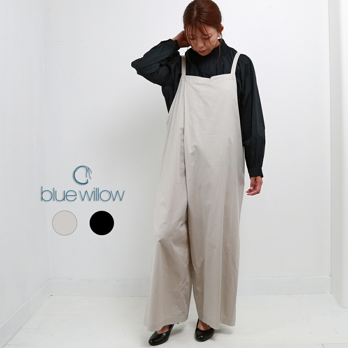 blue willow コットンツイルラップサロペット レディース ブルーウィロー 01EFP14427 オールインワン パンツ 服 おしゃれ 40代 50代 60代 ブランド かわいい ブラック グレー 春 夏 秋 冬 大きめ 綿 コットン｜Isa／アイサ