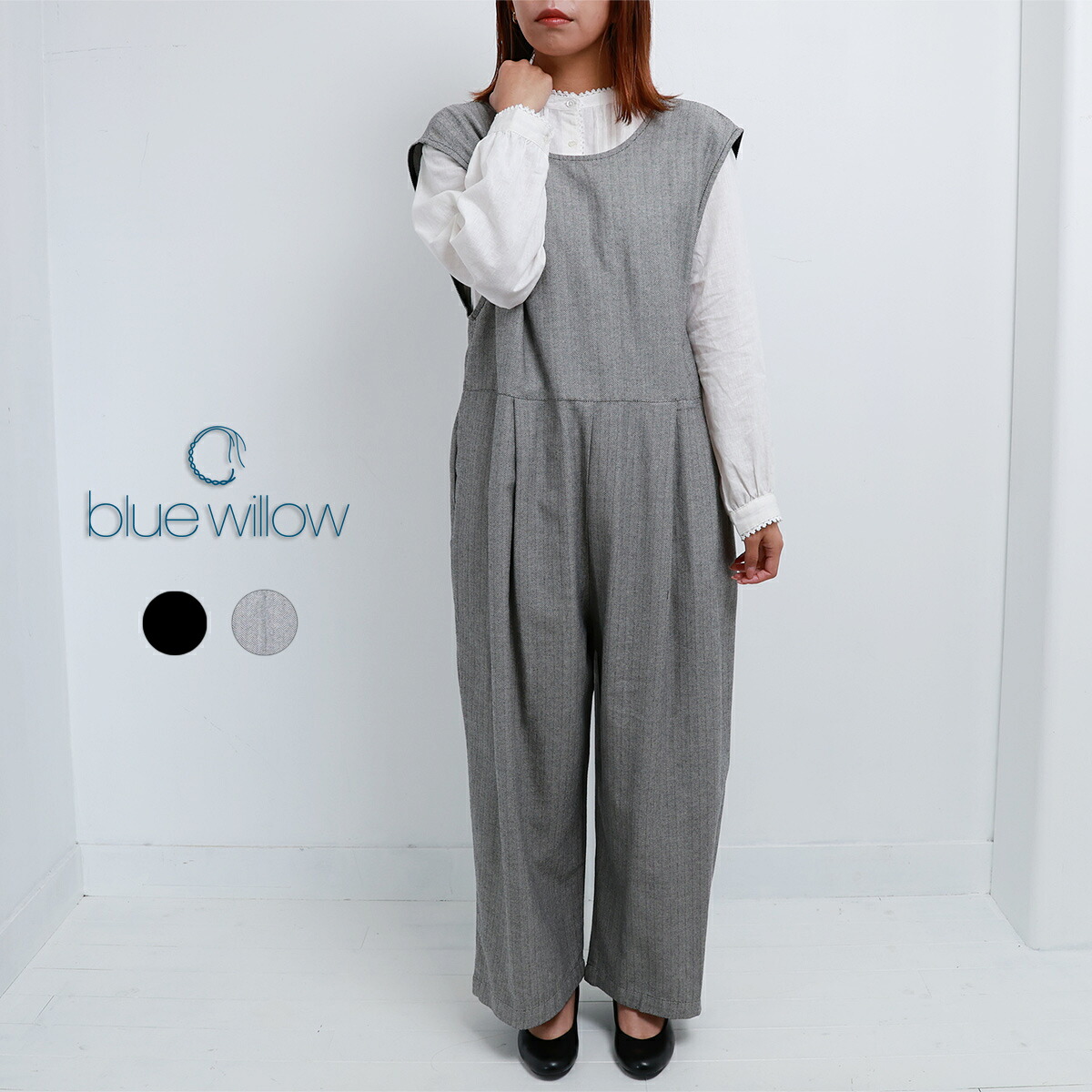 blue willow コットンオックス2wayサロペット レディース ブルーウィロー 01EFP14458 オールインワン パンツ 服 おしゃれ 40代 50代 60代 ブランド かわいい ブラック グレー 春 夏 秋 冬 大きめ 綿 コットン｜Isa／アイサ