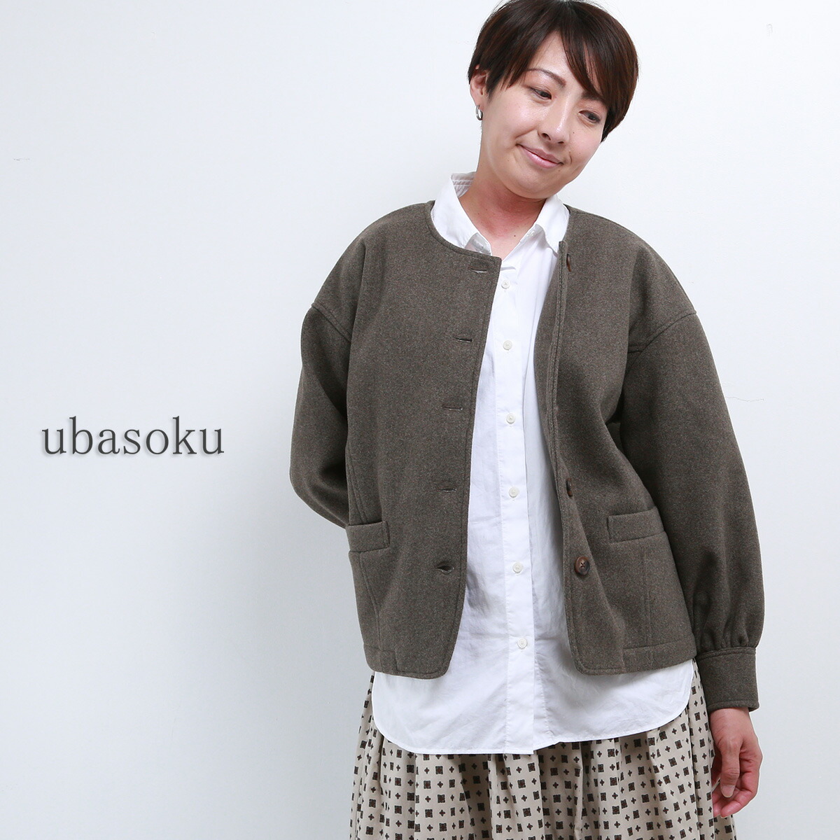 【SALE 20%OFF】 ubasoku ウールライクニット クルーネック4つ穴スコッチ釦裏付きブルゾン レディース ウバソク ub26-0742 おしゃれ アウター ショート丈 ブランド グレー 冬 秋|Isa/アイサ