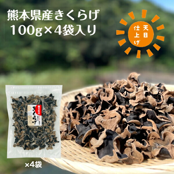 国産 きくらげ 熊本県産 100g×4袋入り 優良品 天日仕上げ 無農薬 乾燥 チャック袋<BR><BR>( キクラゲ 木耳 乾燥きくらげ 乾燥キクラゲ 熊本産 ビタミンD 食物繊維 )