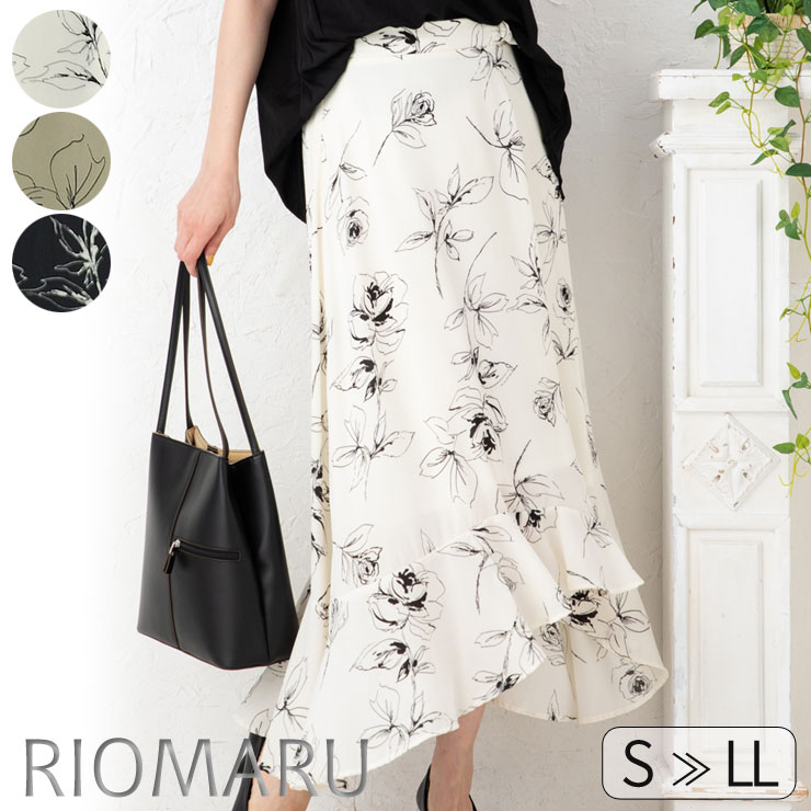 楽天市場 スカート ボトムス レディース 春夏 S Ll ジョーゼット ヴィンテージ 線画 花柄 アシンメトリー ロング 丈 スカート 後ろウエストゴム エコ包装a Sk メール便不可 オフィス カジュアル ビジネス 母 ママ 春 夏 秋 Dm リオマル