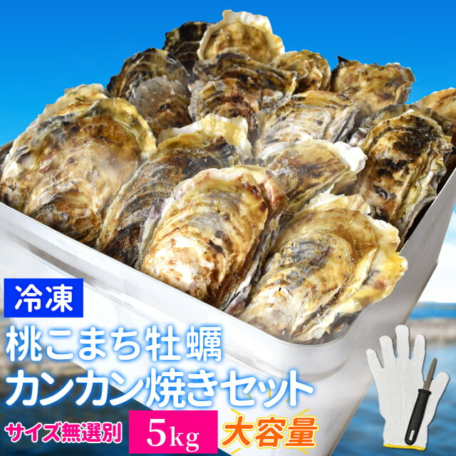 牡蠣 カンカン焼き セット サイズ無選別 ５ｋｇ（６０個前後入） 冷凍牡蠣 送料無料 桃こまち 鳥羽産 中缶入（牡蠣ナイフ・片手用軍手付き）殻付き牡蠣 一斗缶 海鮮バーベキューセット 旬凍桃こまち
