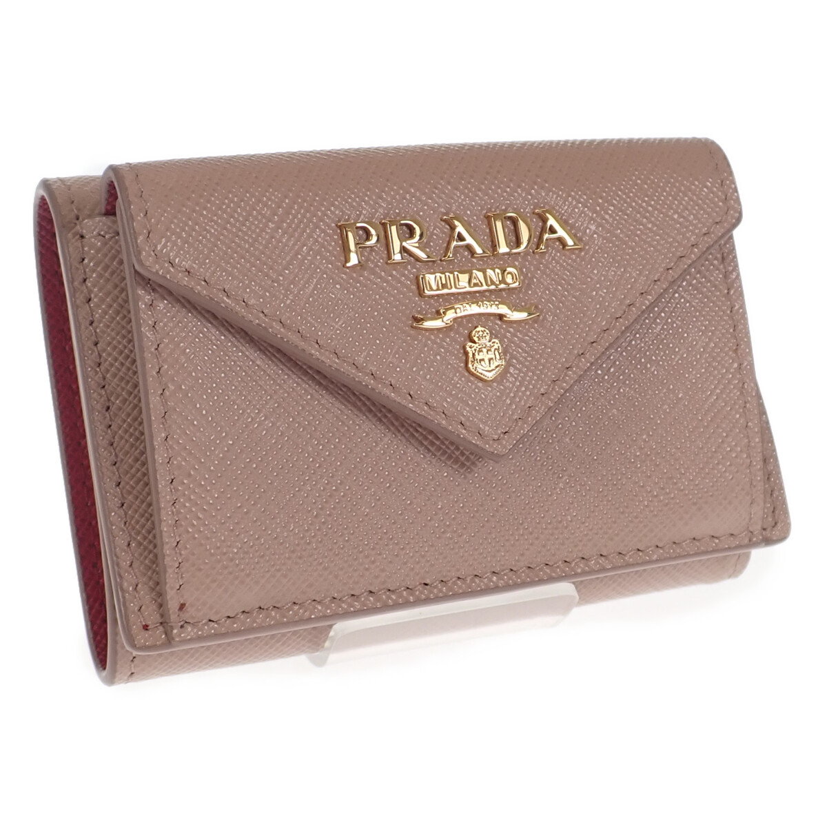 PRADA プラダ コンパクトウォレット 1MH021 ZLP F0KNX 三つ折り財布 サフィアーノマルティック ベージュ レッド レディース【ISEYA】
