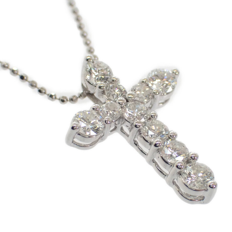 【中古】 K14WG デザイン ジュエリー クロス ネックレス 十字架 K14ホワイトゴールド ダイヤモンド1.00ct レディース 【Aランク】