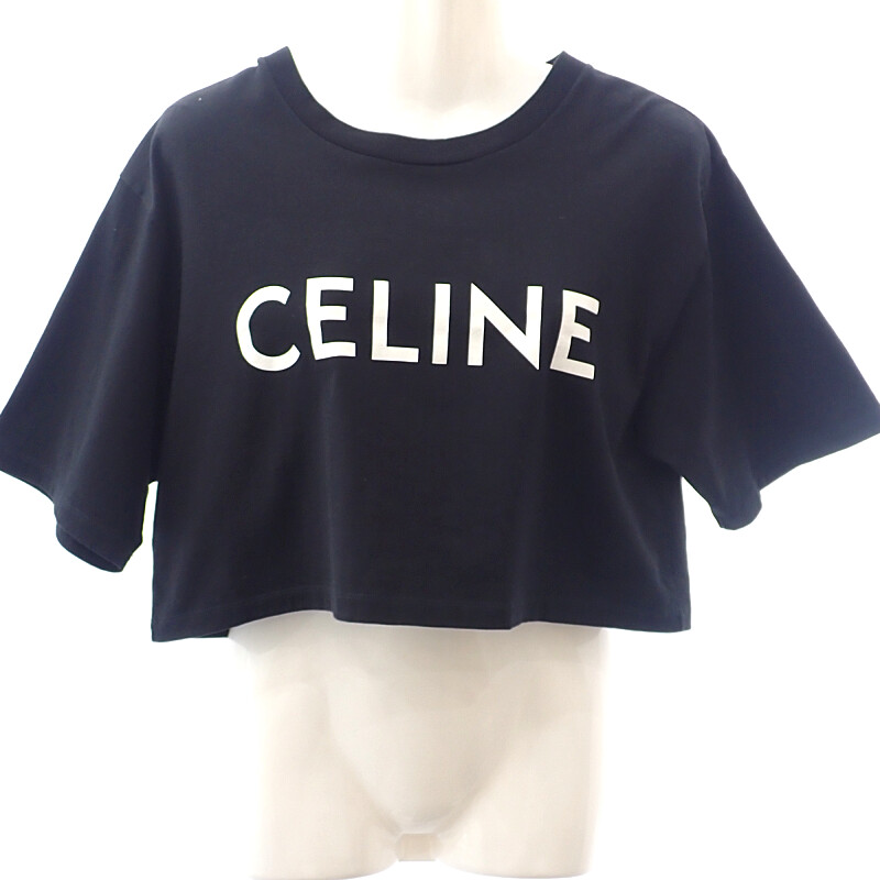 セリーヌ CELINE ロゴクロップドTシャツ S 2X761501F 半袖Ｔシャツ クルーネック ミニ丈 コットン ブラック レディース【中古】【Aランク】