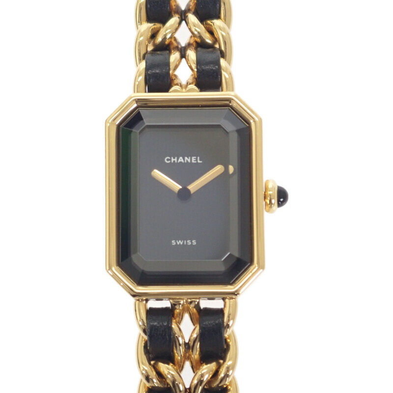シャネル CHANEL プルミエール Lサイズ H0001 腕時計 GP レザー クオーツ ブラック文字盤 レディース ギフト 人気【中古】【ABランク】