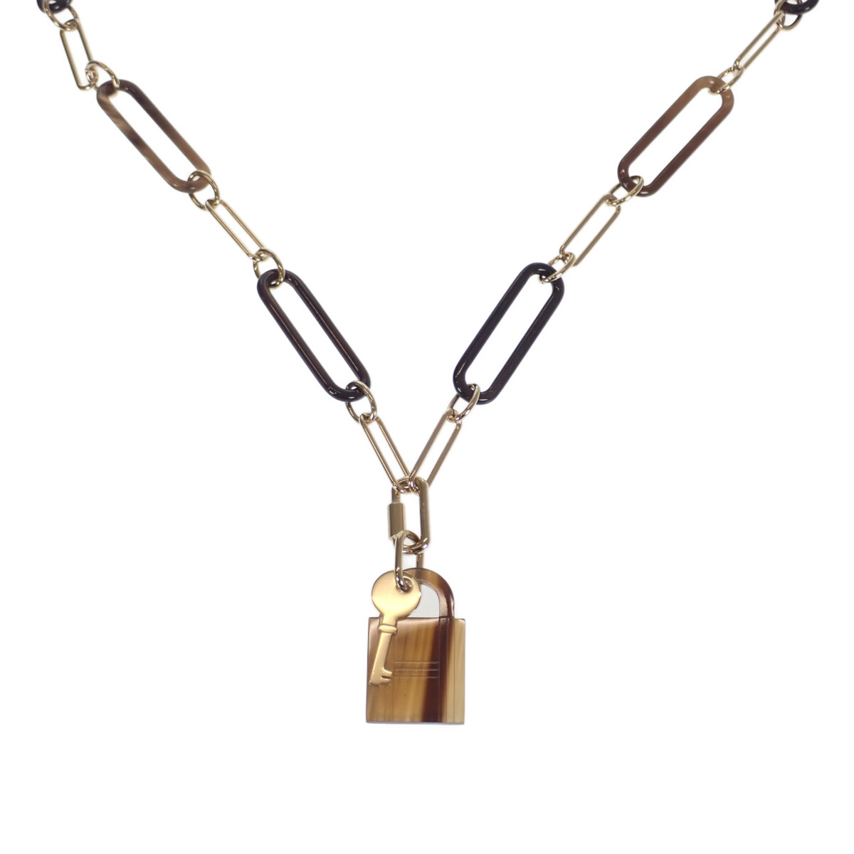 エルメス HERMES アミュレット パドロックGM ネックレス 美品 バッファローホーン ブラウン ゴールド レディース メンズ【中古】【SAランク】
