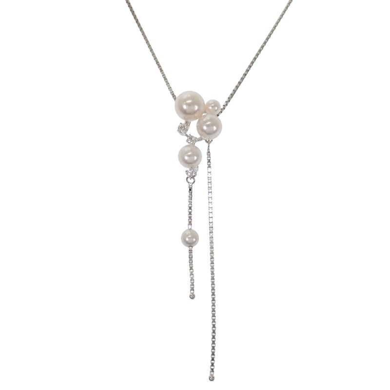タサキ TASAKI クラスター スウィング ネックレス P-13524-WGK18 K18ホワイトゴールド アコヤパール アコヤ真珠 ホワイト ダイヤモンド0.11ct ベネチアンチェーン 上品 レディース【中古】【Aランク】