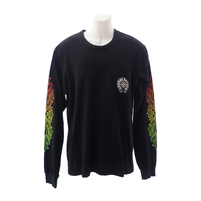 クロムハーツ CHROME HEARTS マルチカラーグラデーション フローラルクロス ロングスリーブトップス L 長袖Ｔシャツ コットン ブラック メンズ【中古】【Bランク】