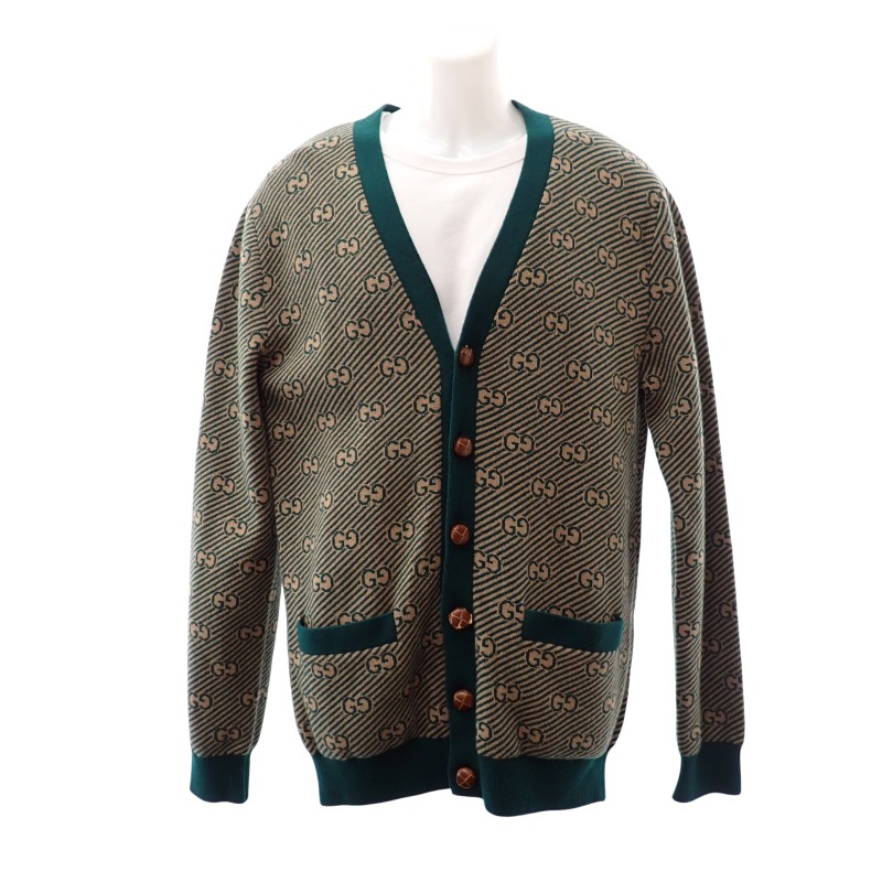 グッチ GUCCI GG ストライプ カーディガン サイズS 630412 XKBFZ ウール カシミヤ ベージュ グリーン メンズ【中古】【ABランク】