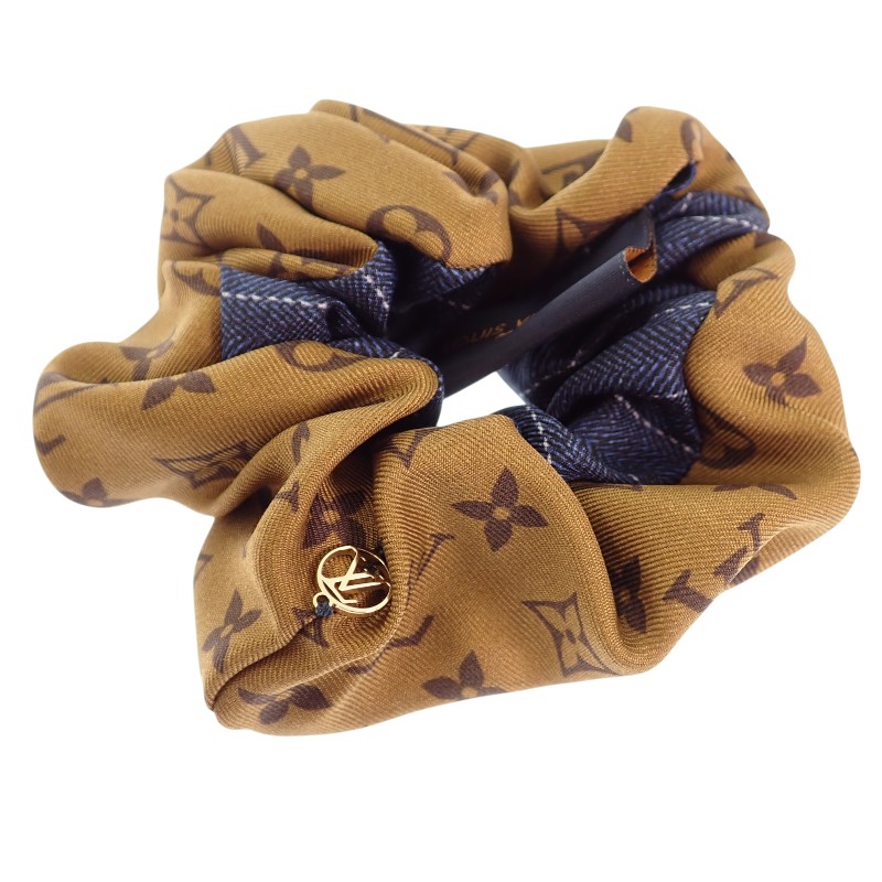ルイヴィトン LOUIS VUITTON シュシュ ビーマインドフル M77011 ヘアアクセサリー シルク100％ ブラウン ブルー レディース 美品【中古】【Aランク】