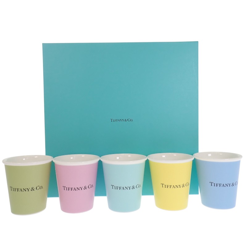 ティファニー TIFFANY&Co. コーヒーカップ ボーンチャイナ 5個セット 箱付 71364488 グラス コップ 陶磁器 マルチカラー 5カラー ブルー ピンク イエロー グリーン テーブルウェア 食器 ギフト 未使用 美品 ユニセックス【中古】【Sランク】