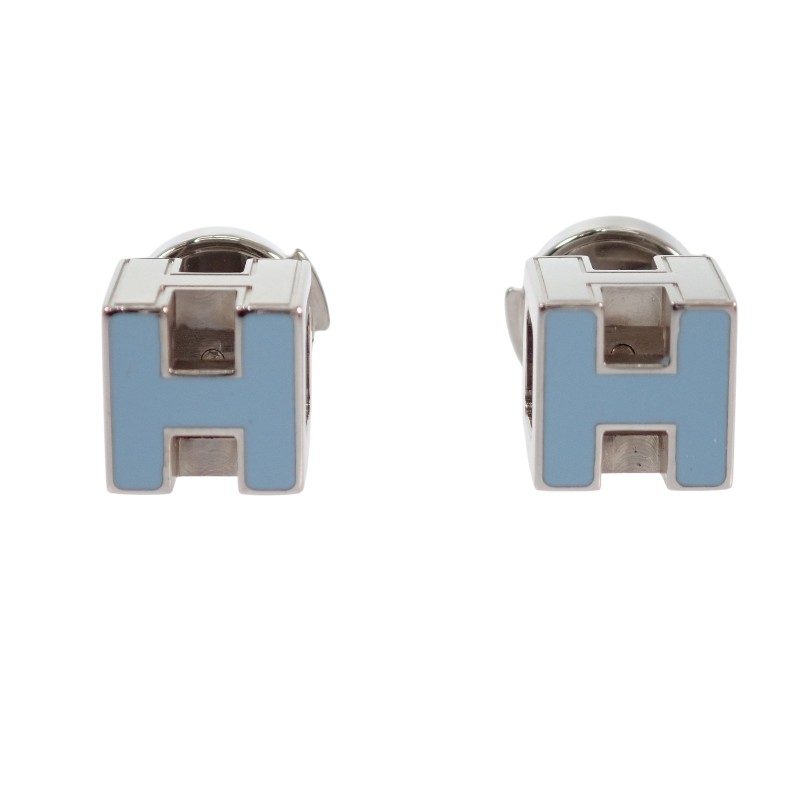 エルメス HERMES カージュドアッシュ Hキューブ ピアス スタッドピアス 両耳 メタル ブルー シルバー金具 レディース アクセサリー【中古】【ABランク】