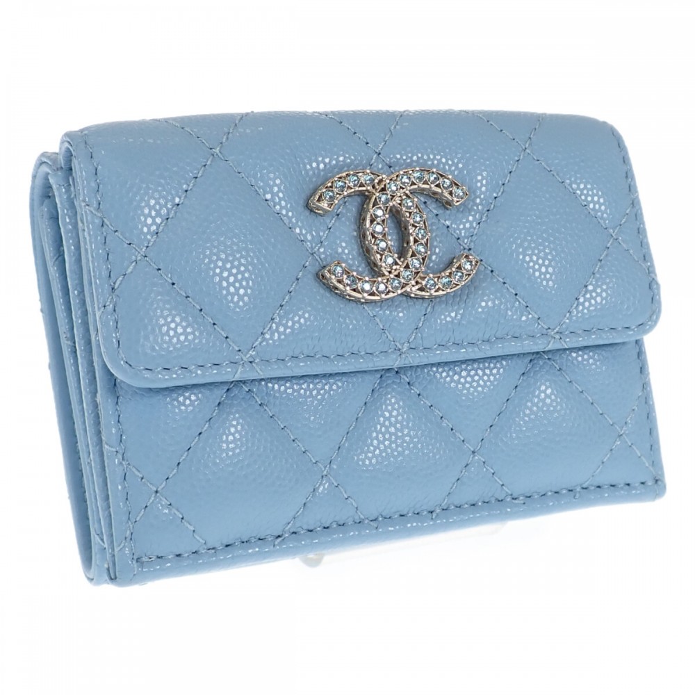 シャネル CHANEL ココマーク スモールフラップウォレット AP3397 三つ折り財布 キャビアスキン ストラスブルー ゴールド金具 レディース【中古】【ABランク】|ISEYA ONLINE 店
