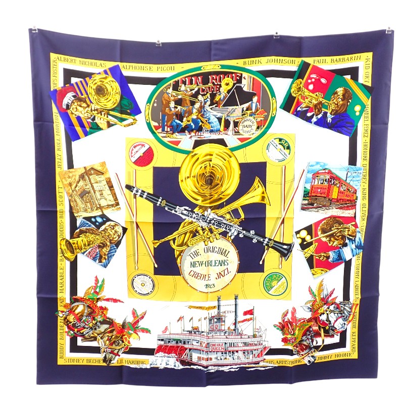 エルメス HERMES カレ90 THE ORIGINAL NEW ORLEANS CREOLE JAZZ 1923 ヴィンテージ スカーフ シルク 大判スカーフ ネイビー 紺 イエロー ジャズ 管楽器 音楽 ファッション レディース【中古】【ABランク】｜ISEYA ONLINE 店 34,320円