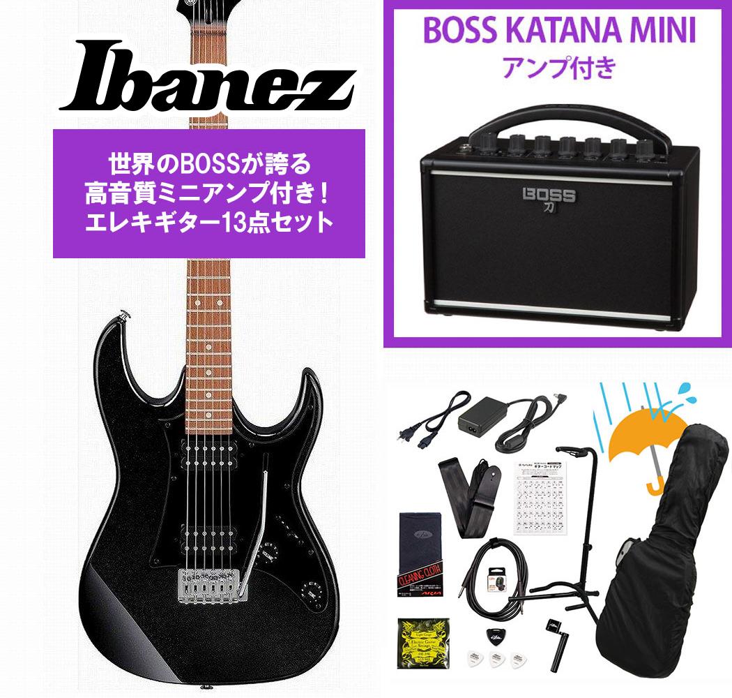 Ibanez / GRX20-BK Black Night GIO Series 入門用 海外限定モデル BOSS KATANA MINI アンプ付き13点セット！《ストラップブロックプレゼント！》