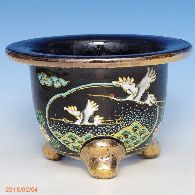 愛楽園　富貴蘭錦鉢　四海波に飛来する白鶴　3.5号(No.2610)　【京楽鉢/楽鉢/黒楽鉢/京楽焼鉢】【フウキラン鉢/フーキラン鉢/ふうきらん鉢】【多肉植物鉢】【小型野生ラン鉢・ラン科植物鉢】【京楽焼植木鉢】