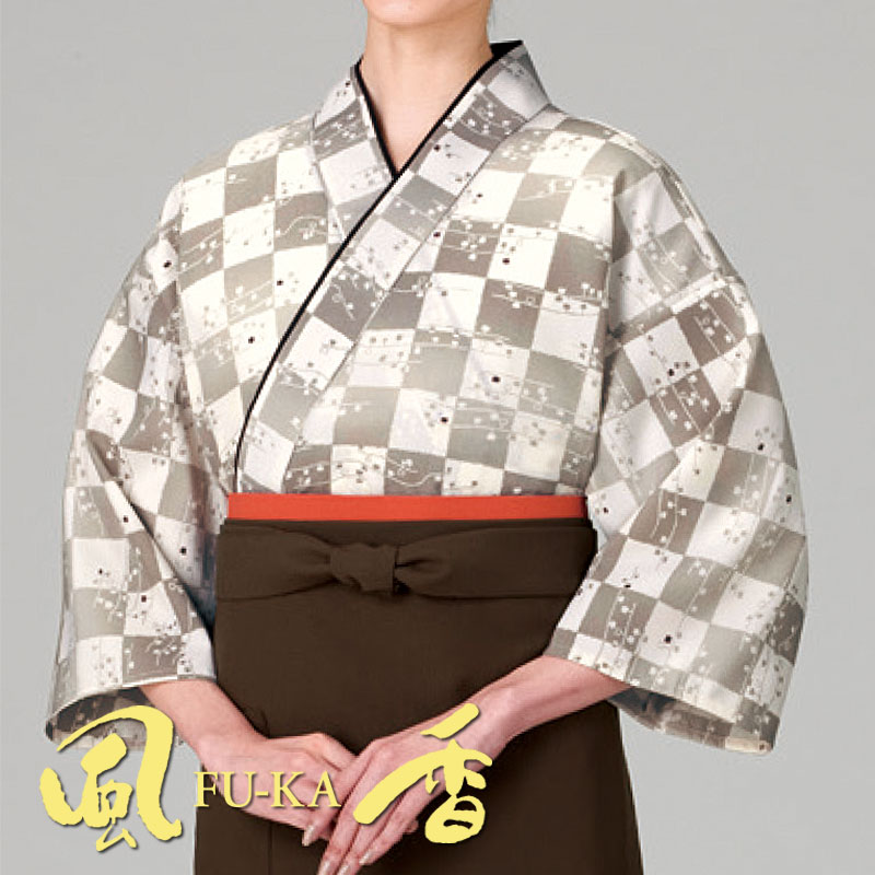 飲食店制服 作務衣厚地の外套(市松和今めかしい・茶) [男女兼用] SJ-4055 和 今めかしい 本格的 和風 和装 御召しもの お差し上げ物 和食 はたご屋 ソバ 赤ちょうちん 飲食店京都 風香 FU-KA WASOO ワソー [fukaue]